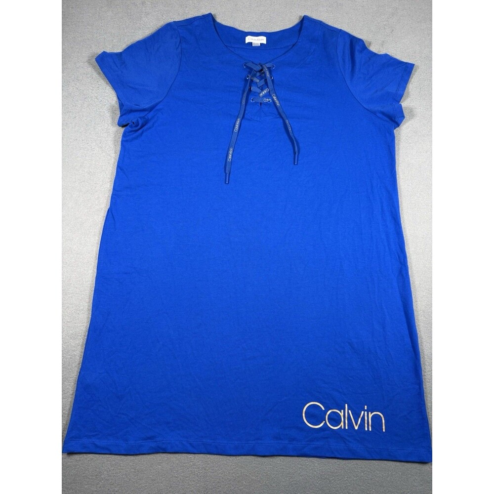 Calvin Klein Royal Blue Lace Up Grommet Neck Short Sleeve T Shirt Dress. #0056